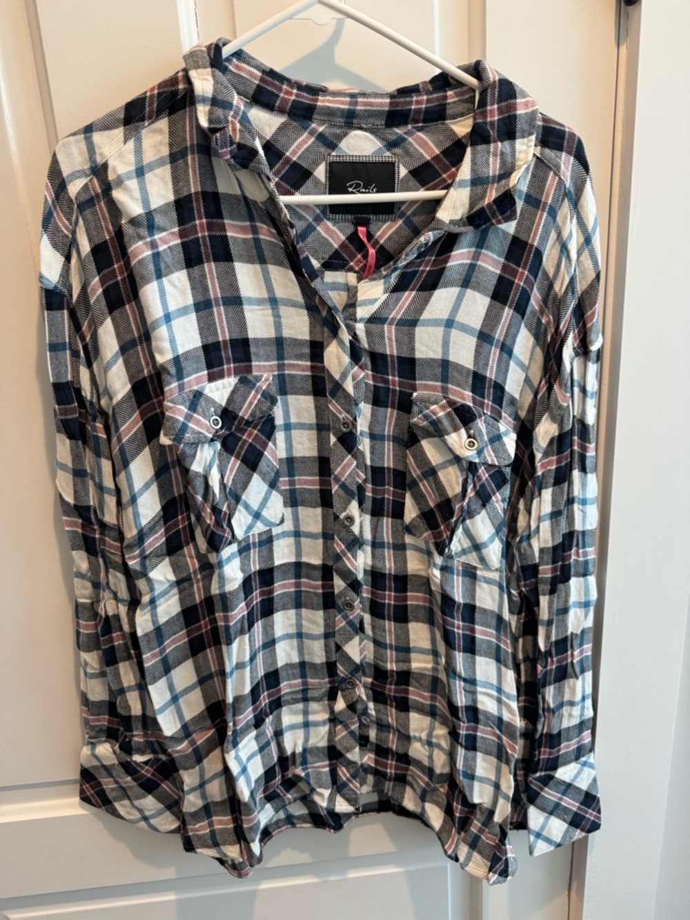Rails Button-Down Plaid Shirt in White, Navy, and Black